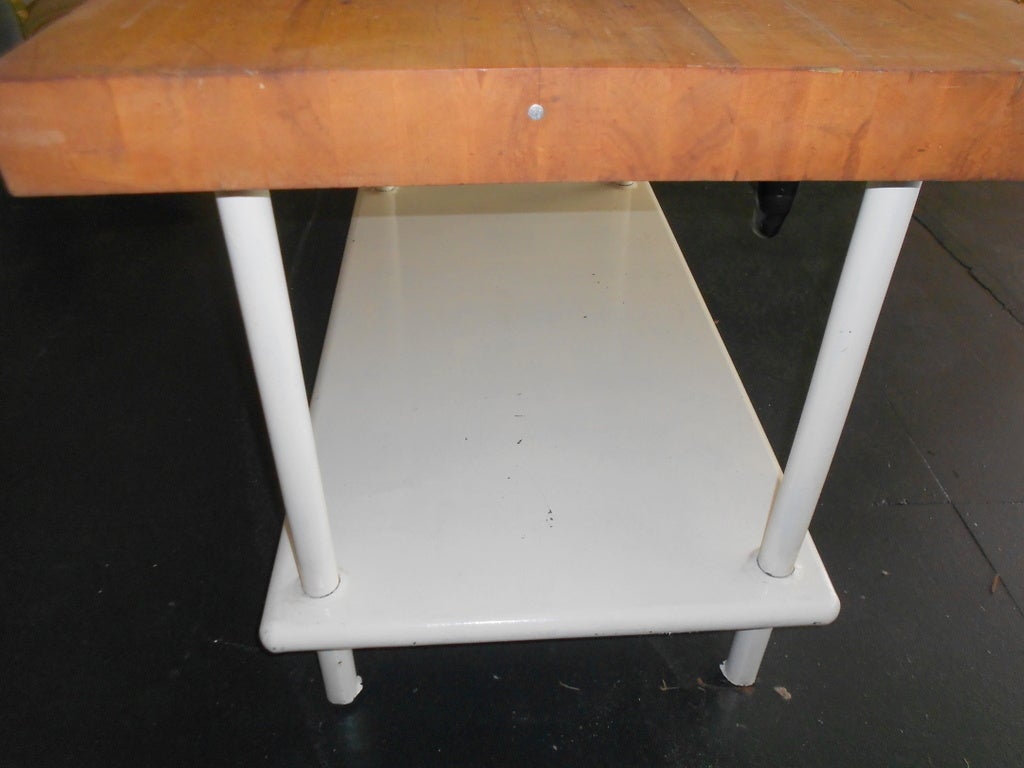 Butcher Block Work Table With Maple Top And Enameled Steel Frame 4