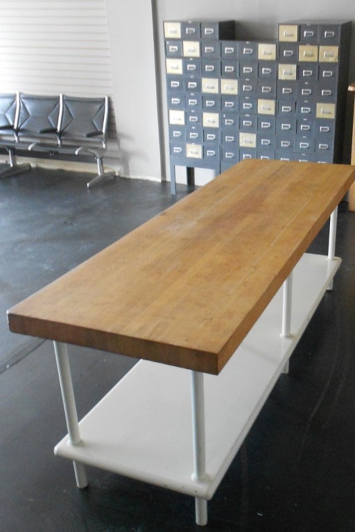 American Butcher Block Work Table With Maple Top And Enameled Steel Frame