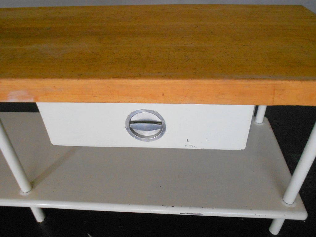 Butcher Block Work Table With Maple Top And Enameled Steel Frame In Good Condition In Madison, WI