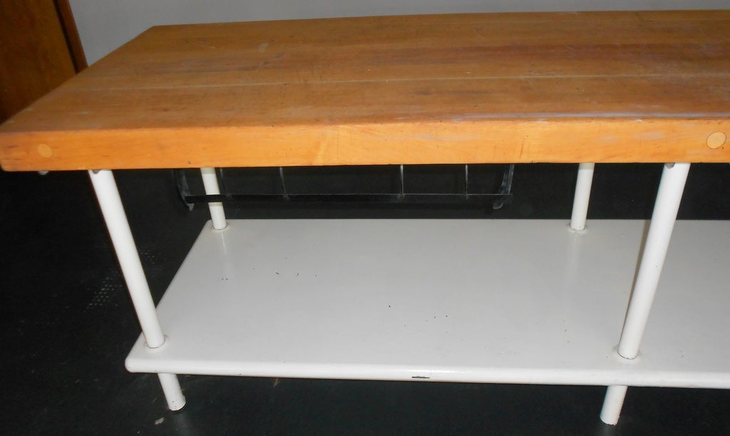 20th Century Butcher Block Work Table With Maple Top And Enameled Steel Frame