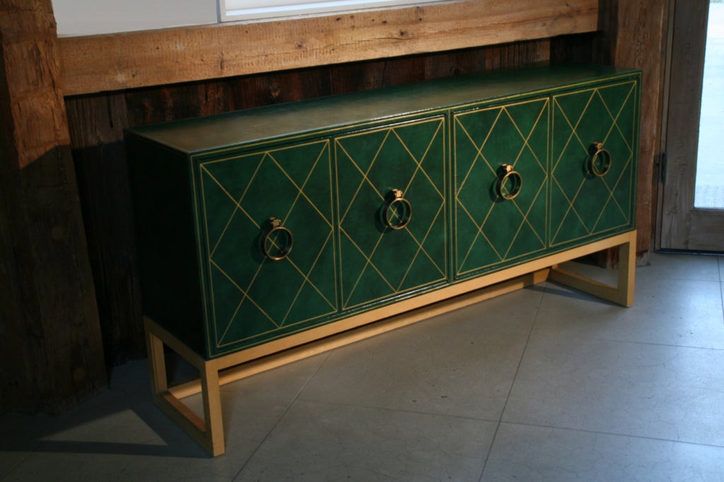 Tommi Parzinger Leather Credenza with Brass Pulls For Sale 3