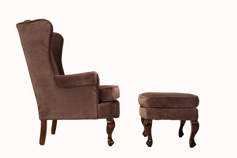 American Pair of sculptural leg armchairs & ottomans in mohair