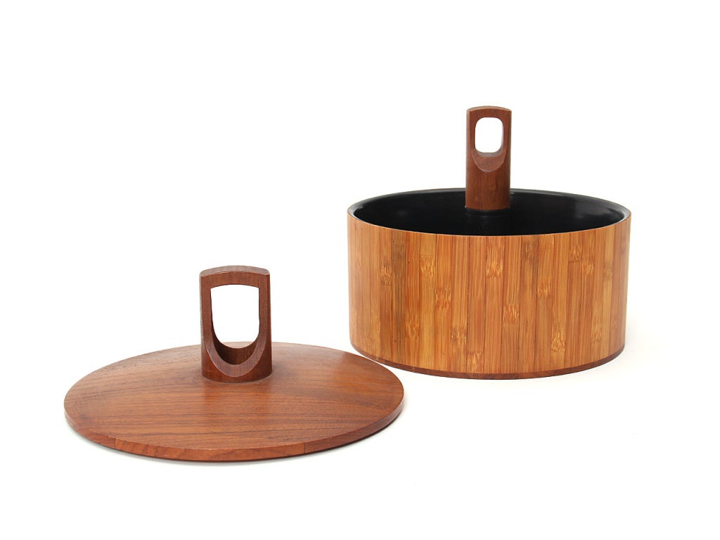 Teak bamboo inlay tray and ice bucket by Dansk