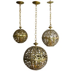 Trio of Pierced Brass Asian Ceiling Pendants in Various Sizes