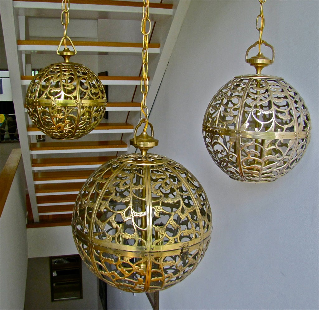 Japanese Trio of Pierced Brass Asian Ceiling Pendants in Various Sizes