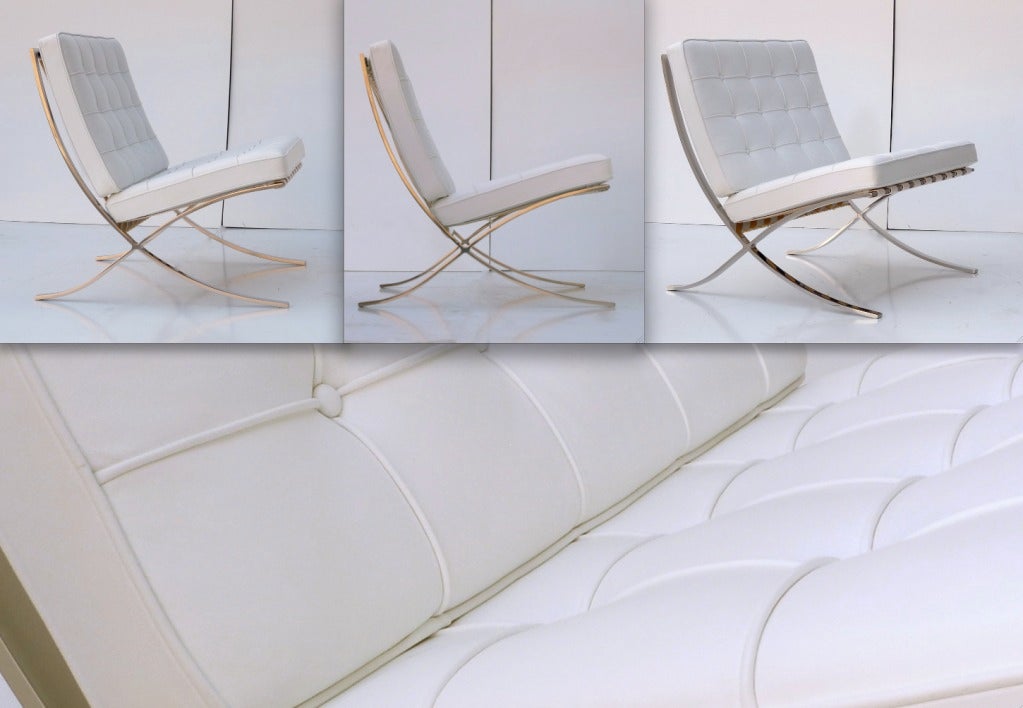 Iconic Barcelona lounge chair by Mies van der Rohe for Knoll in pristine white leather. This example is a current production example from Knoll.
Originally conceived for the German Pavilion at the world exposition held in Barcelona, Spain in 1929.