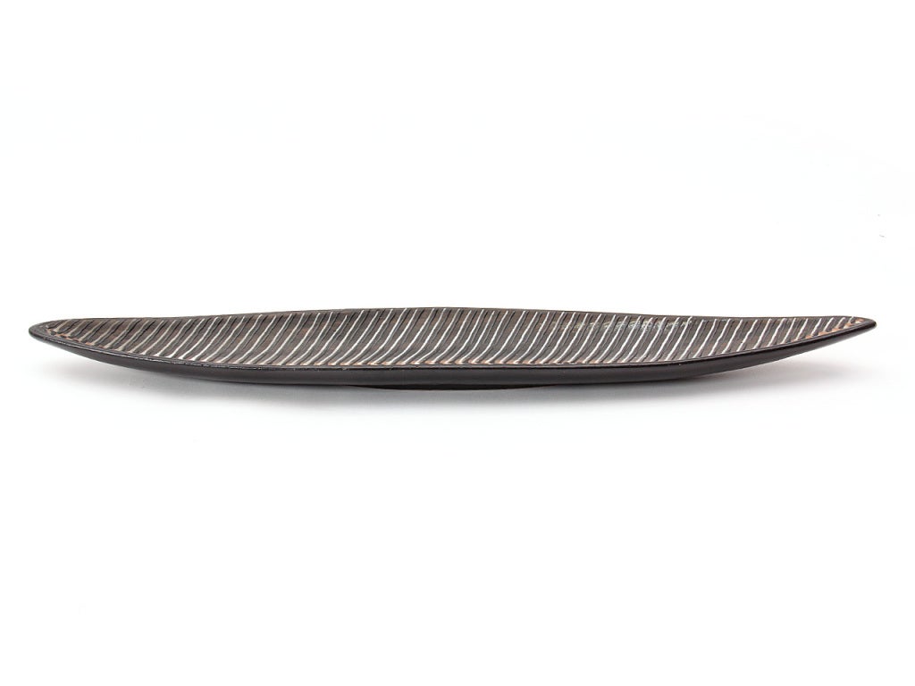A long ceramic bowl with a black and white glazed leaf pattern. made by William Knutzen, Elverum, Norway 1950's