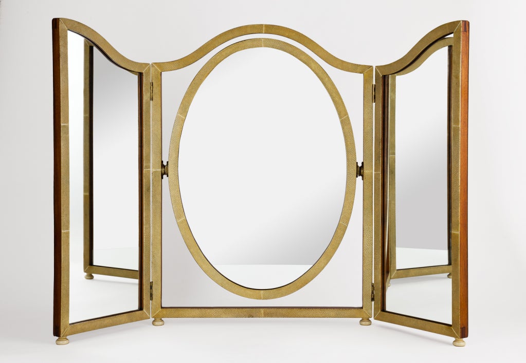 A Large Shagreen Triple Folding Art Deco Mirror