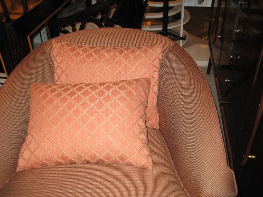 Pair of Low Club Chairs with Throw Pillows In Excellent Condition In Bronx, NY