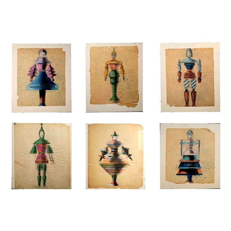 An amazing collection of 6 original figural drawings on paper circa 1940 - - 3 female and 3 male characters 'modeling' fantasy couture in kaleidoscopic colors. Executed in a Constructivist style with a hint of 1940s WPA poster art influence. With