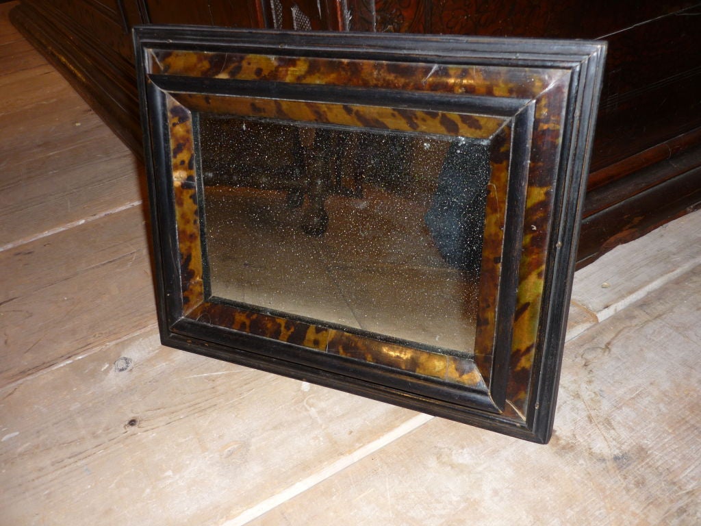 Late 18th century Dutch tortoiseshell and ebonized wood frame. The tortoiseshell has an unusual golden hue.

Interior measurements: 8.75 by 6 inches-