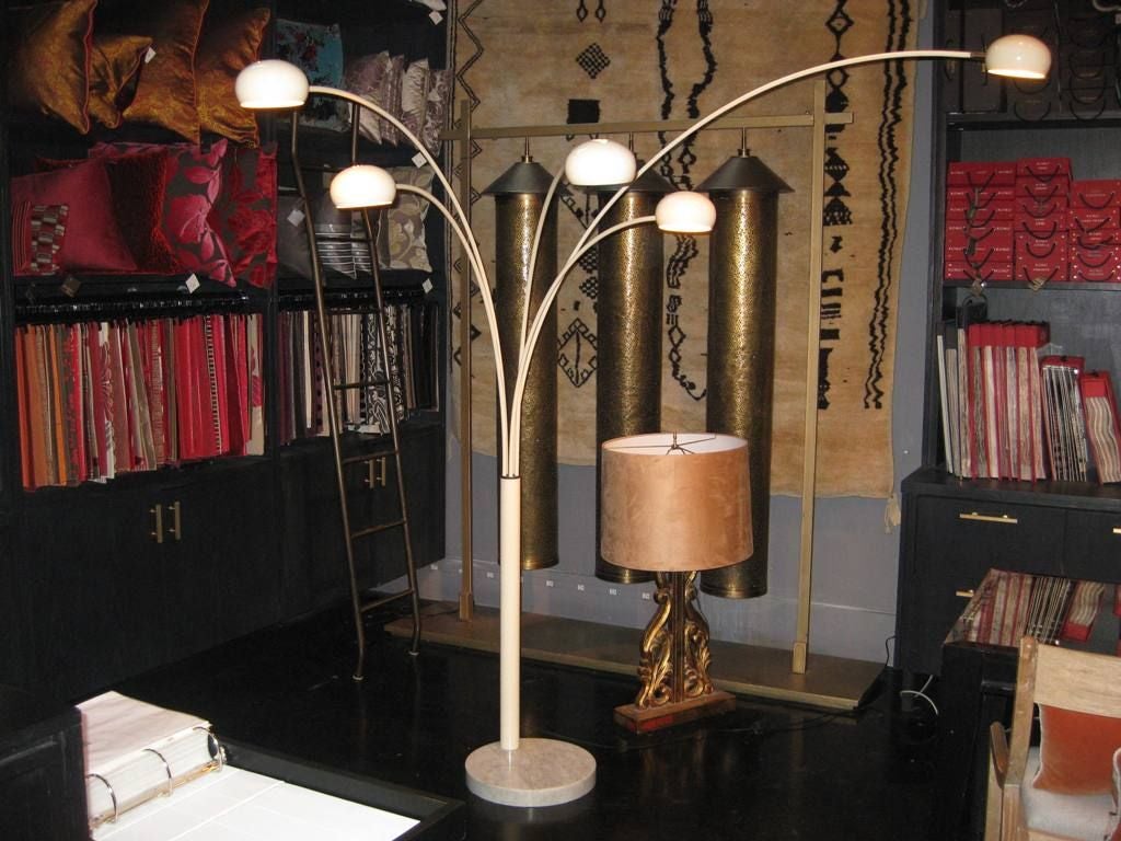 Exceptional 5 Arm Arc Floor Lamp in the Manner of Fontane Arte in Bone Color, This Item Is At Studio Mix, with Swinging Arms and Swivel Heads, this is a Mid Century Modern Italian Lighting Product with Edison Base American Bulbs, Please Also Visit
