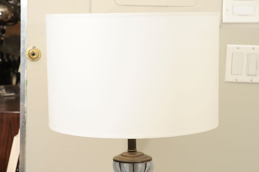 Gorgeous grayish blue Murano glass lamps have gilt detail. Shades sold separately.