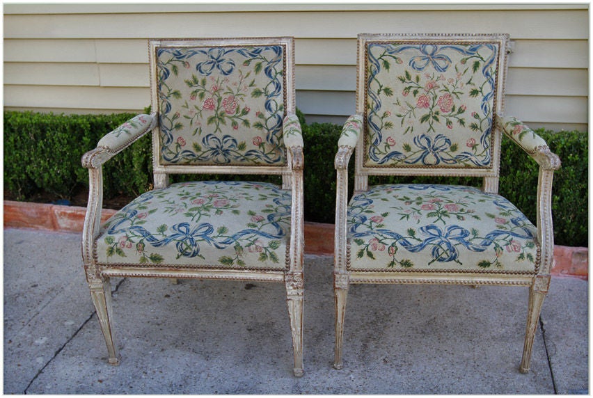 PAIR OF 18TH CENTURY SWEDISH GUSTAVIAN LOUIS XVI SQUARE BACK ARMCHAIRS WITH PEARL DESIGN & UPHOLSTERED IN 19TH CENTURY PETIT POINT TAPESTRY.  ONE IS SLIGHTLY LARGER (FOR THE MALE) .  THE SMALLER ONE WAS FOR THE FEMALE.  CIRCA 1780.	MALE: H 35