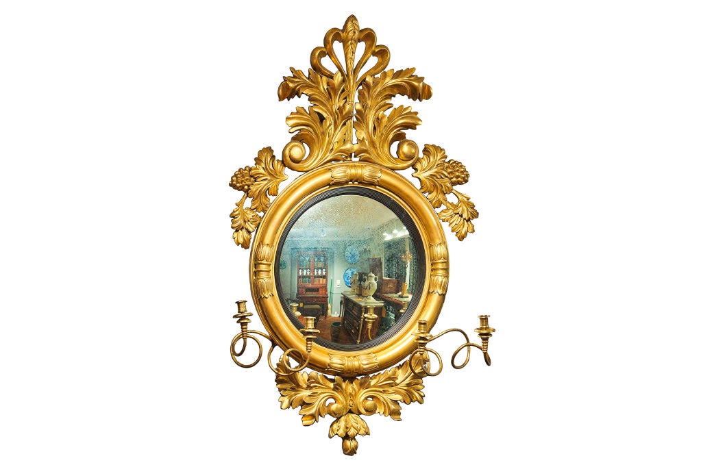 Large William IV Water Gilt Convex Mirror Profusely Decorated with Foliage and Grapes with Extended Four Arm Candelabra Stamped and Labelled 