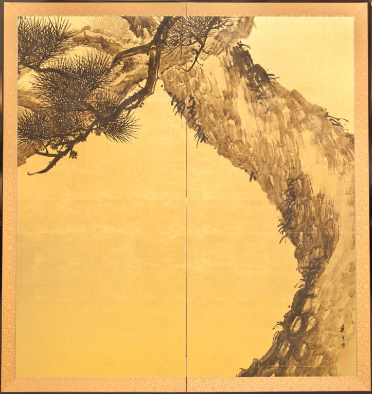 One of a pair of Japanese screens: Old Pine Tree.  Taisho Period (1912-1926).  Ink painting on gold.
Signed: Ryuun-sai.  Possibly Kusano Ryuun (born 1864 in Kyoto).
Student of Kishi Chikudo.
Priced individually.