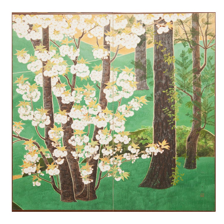 S1295 One of a Pair: Japanese Screen Cherry Trees and Wisteria. 1