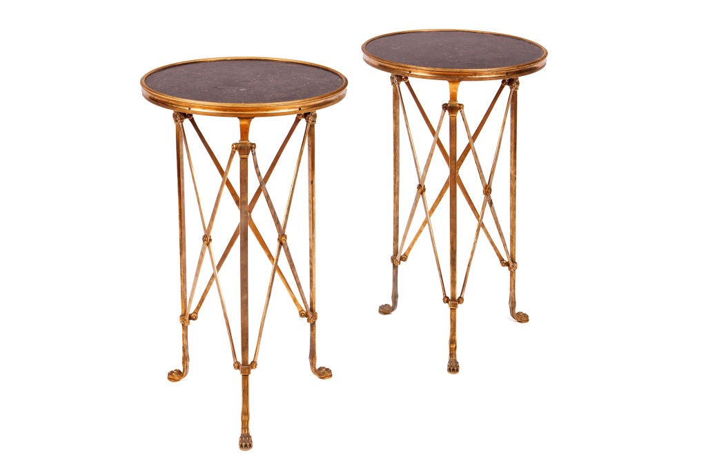 Pair of 20th Century Gueridon Brass Tables with Marble Top