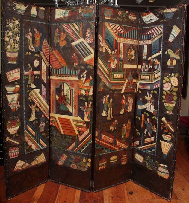Fine and rare antique four panel chinoiserie painted leather folding screen in imitation of a coromandel lacquer screen, with figures amidst pavilions at various pursuits within a framed border of hundred antiques. English c.1690
