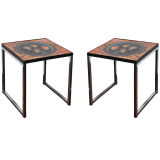 Pair of Small Signed Wrought Iron, Ceramic, and Chrome Tables