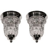 Vintage Pair of Elegant Blown Geometric Glass and Nickel Ceiling Lights by Lightolier