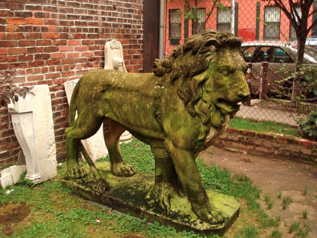 Italian Massive Standing Entry Lions In Hand Carved Limestone For Sale