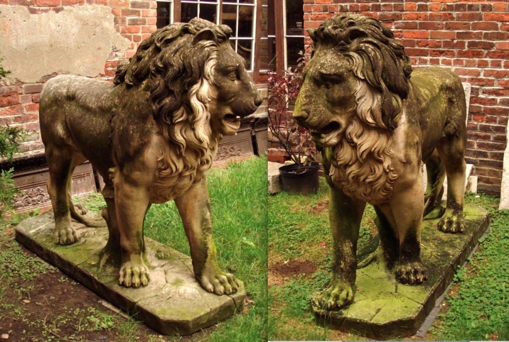 Massive Standing Entry Lions In Hand Carved Limestone For Sale 3