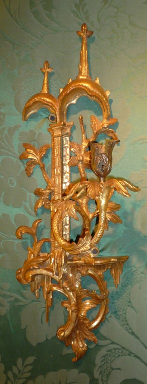English Antique Chippendale Period Giltwood Wall Lights, C.1765