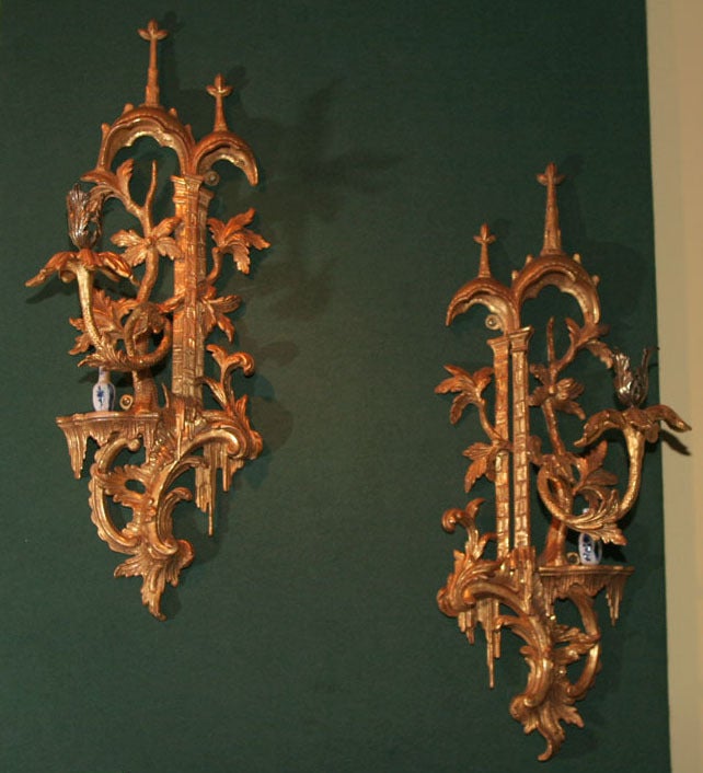 Pine Antique Chippendale Period Giltwood Wall Lights, C.1765