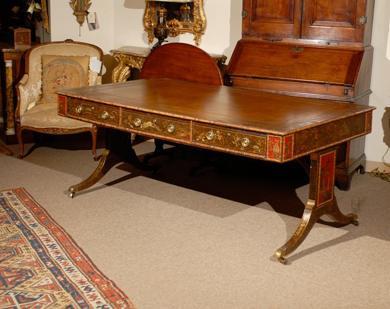 19th Century English Partner's Desk with Chinoiserie Decoration
