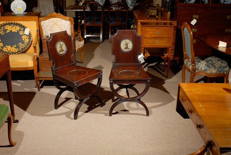 Pair of English Mahogany Hall Chairs with Deer Plaques