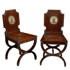 Antique Pair of English Mahogany Hall Chairs with Deer Plaques