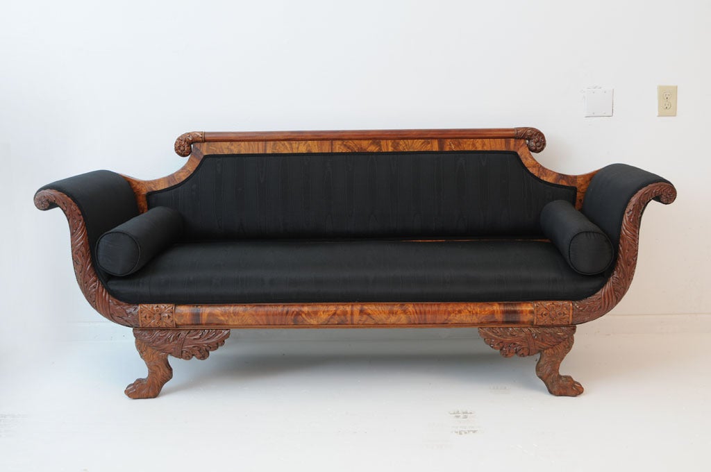 American carved mahogany sofa, recovered in black moire with original horsehair filling.

Please feel free to contact us directly for a shipping quote or any additional information by clicking 
