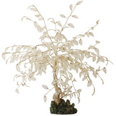 Antique Hardstone Tree with Carved Rock Crystal Leaves and Jadeite Base