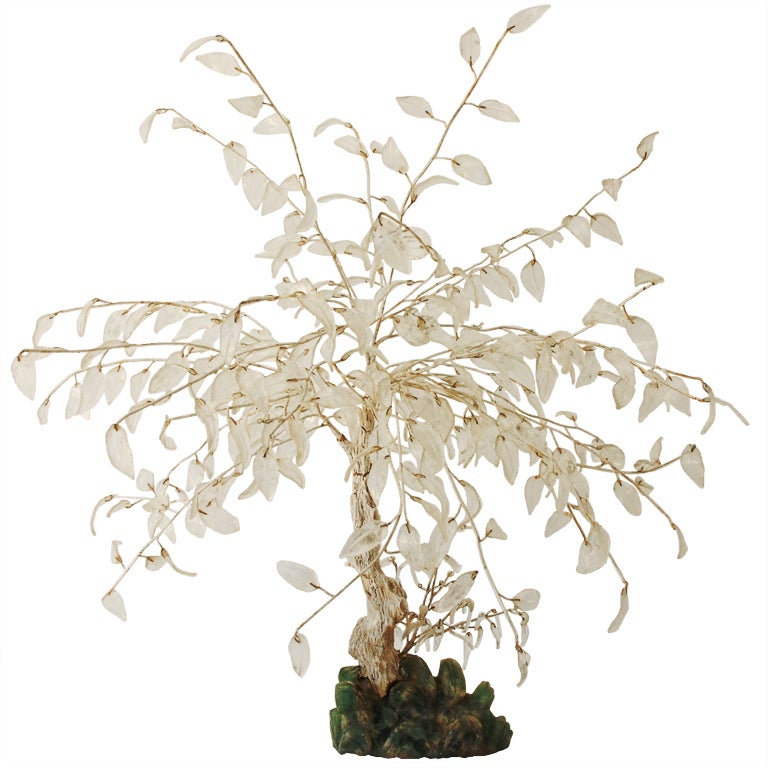 Hardstone Tree with Carved Rock Crystal Leaves and Jadeite Base