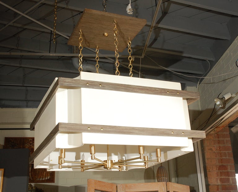 Modern Paul Marra Shaded Scalloped Chandelier with Metal Armature & Wood Banding For Sale