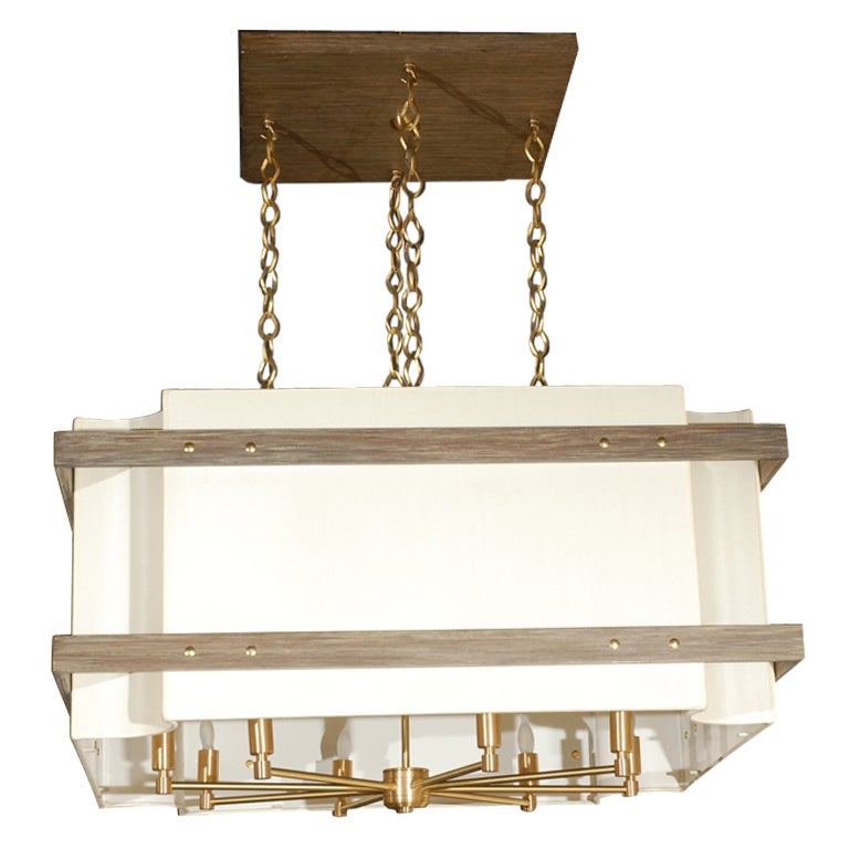 Paul Marra Shaded Scalloped Chandelier with Metal Armature & Wood Banding For Sale