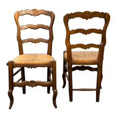 Antique Set of Six French Oak Rush Seat Side Chairs