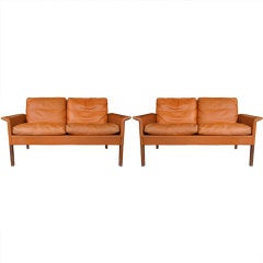 Pair of Brown Leather Love Seats by Hans Olsen