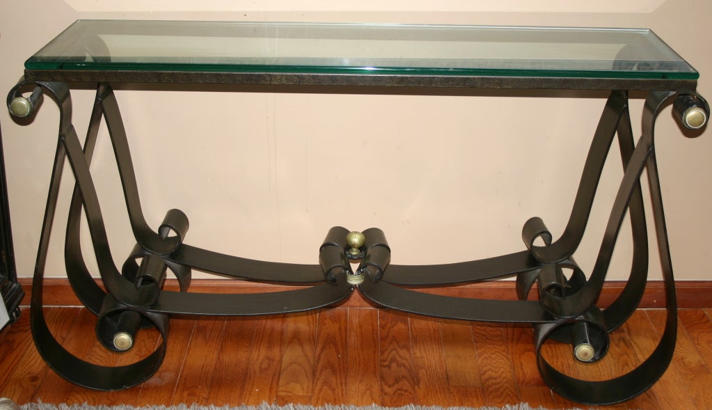 Mid-20th Century Pair of Moderne Wrought Iron Consoles For Sale