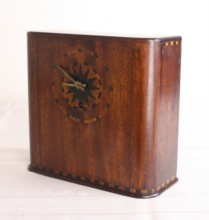 Marquetry Inlaid Art Deco Mahogany Clock For Sale 2