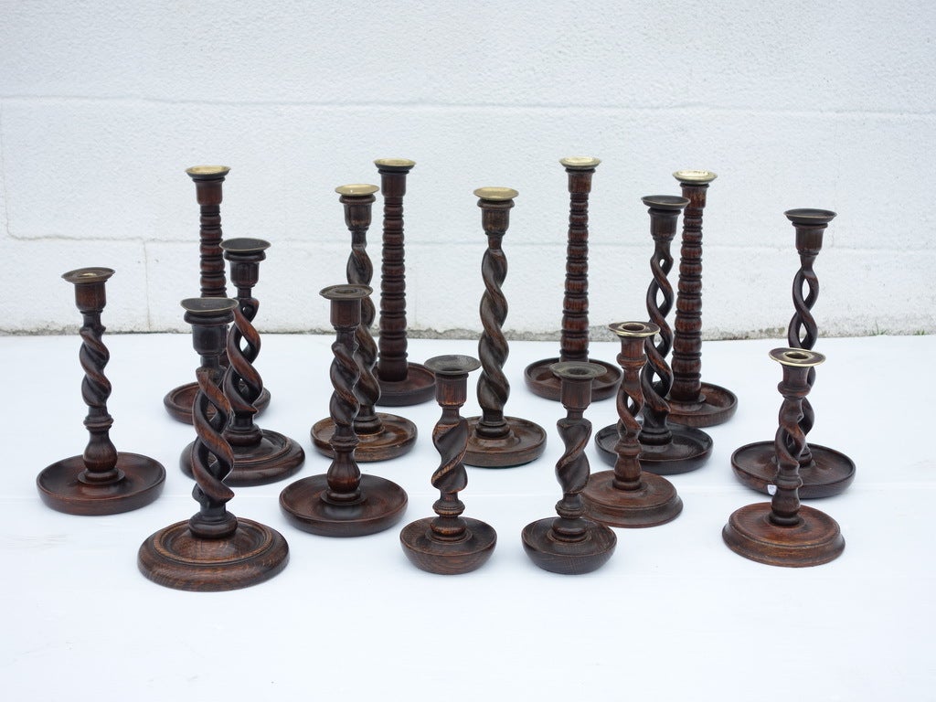 We have a wide variety of 19th C English Oak Barley Twist Candelsticks with Brass candel cups. Sold in pair, singles also available. $285 - $350 a pair.
1st pic, sold out. latest stock pics 2,3,4 &5