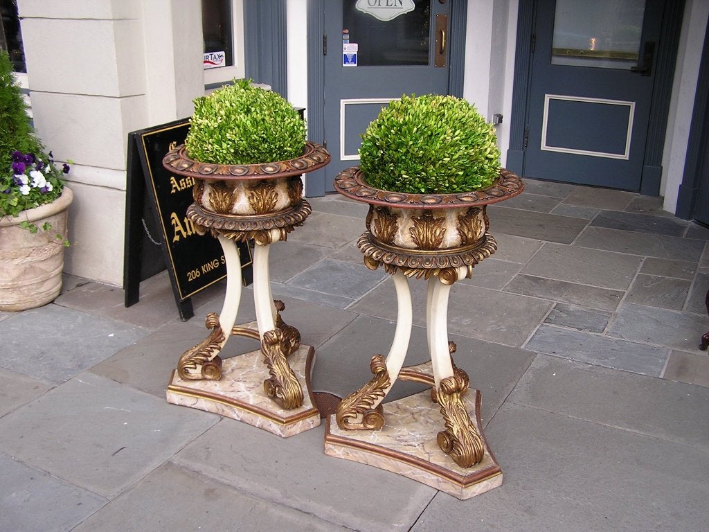 Neoclassical Pair of Italian Carved Wood Hand Painted and Gilt Garden Planters, Circa 1870 For Sale