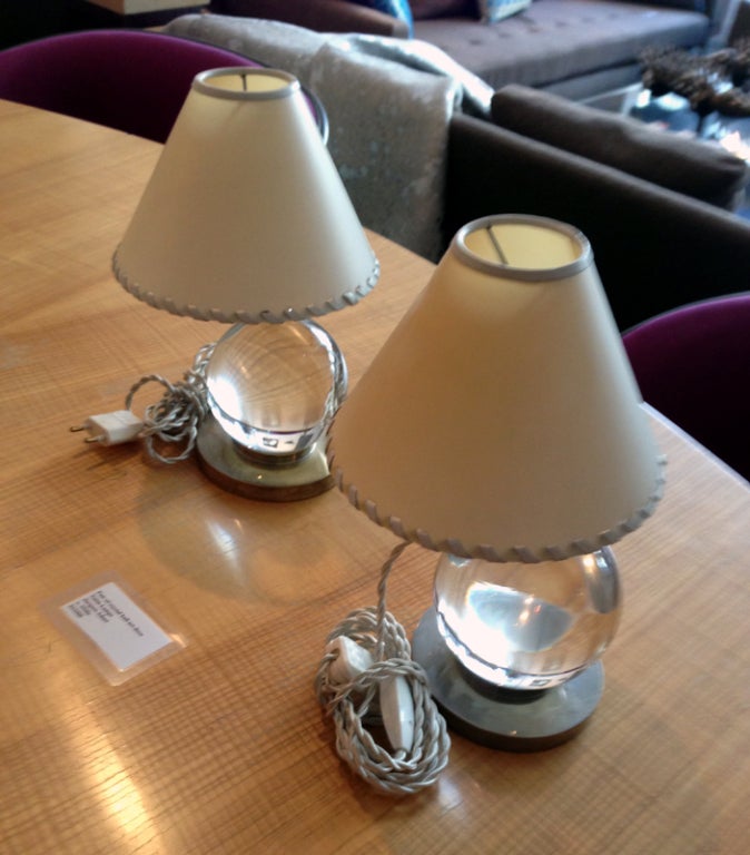 Pair of Baccarat crystal ball art deco table lamps Jacques Adnet 1