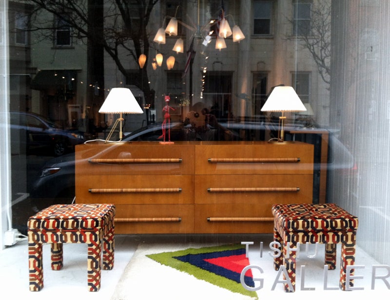 Wood Pair vintage parson stools in Jack Lenor Larsen fabric