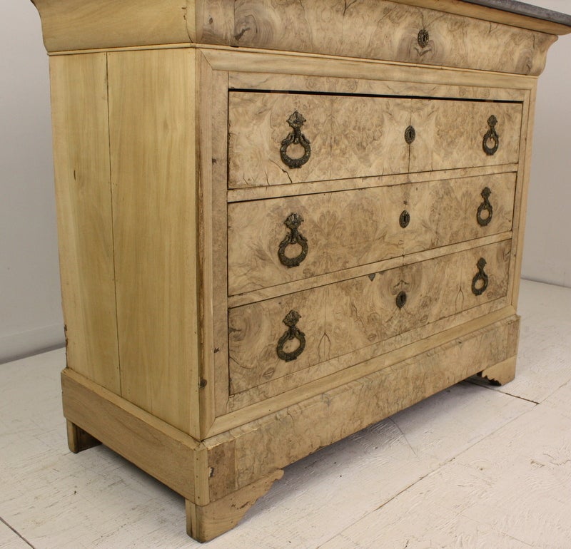 Bleached Antique Burl Walnut Louis Philippe Commode, Marble Top 2