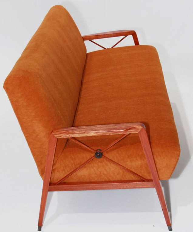 Brazilian Tangerine Mohair and Exotic Wood Sofa by Cavallaro For Sale
