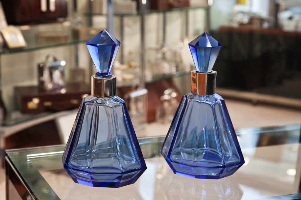 Pair of Art Deco French Blue Glass Decanters 4