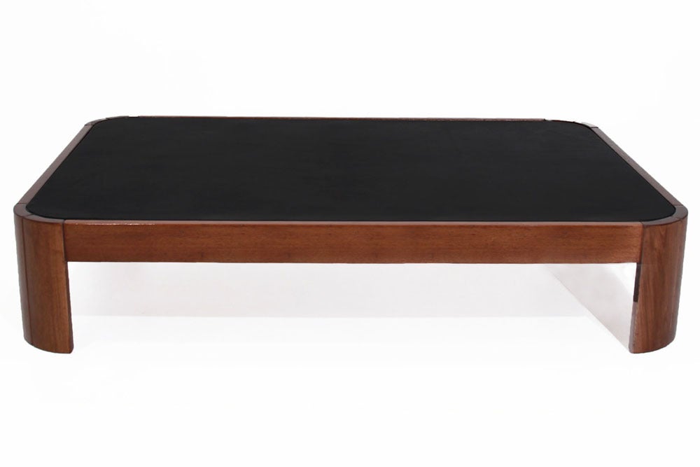 Rounded Rectangular Wood Coffee Table with Black Leather Top In Good Condition In Hollywood, CA