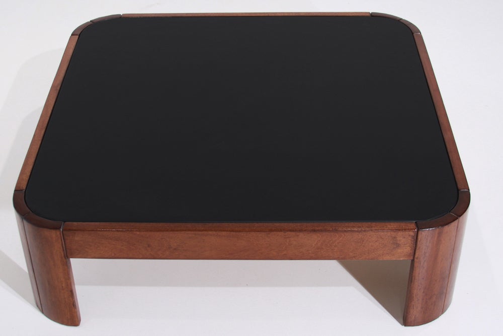 Brazilian Rounded Square Wood Coffee Table with Black Leather Top For Sale